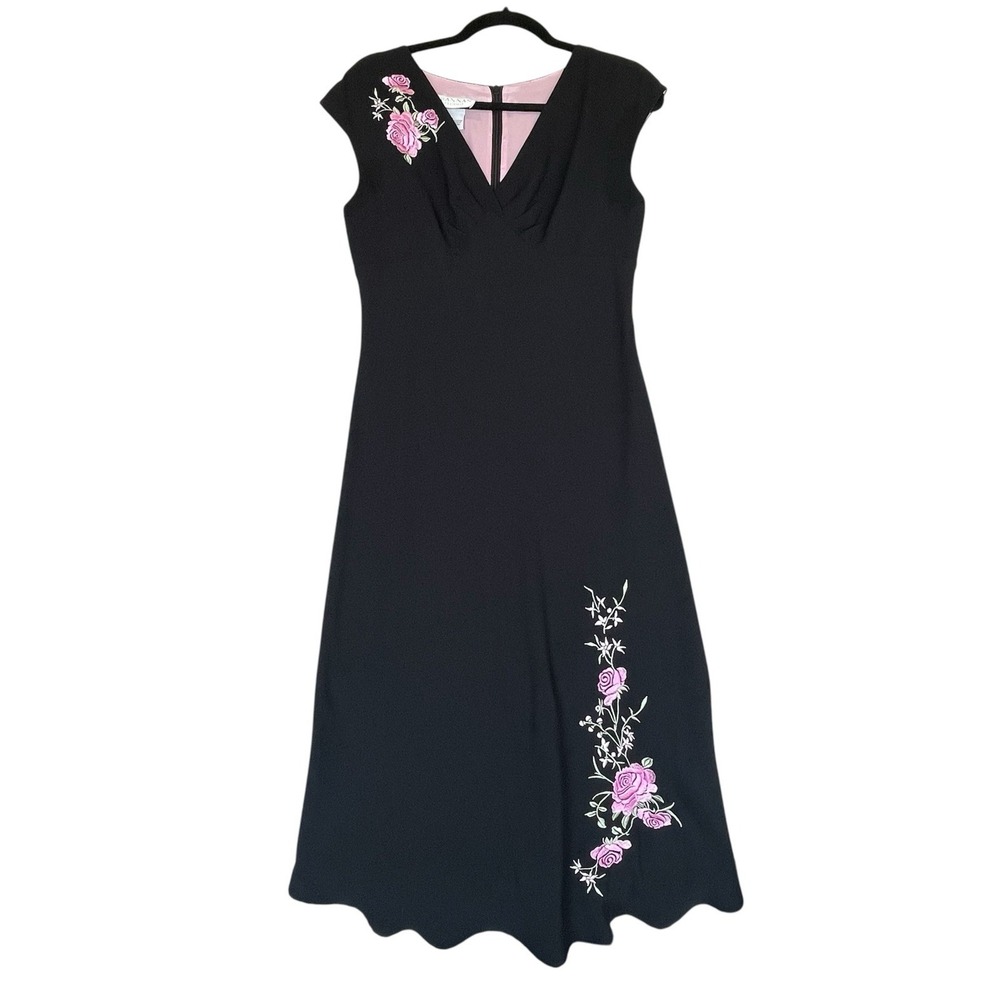 Brannan Studio Dress Womens 6 Black Pink Floral Embroidery 90's Y2K Vintage Prom